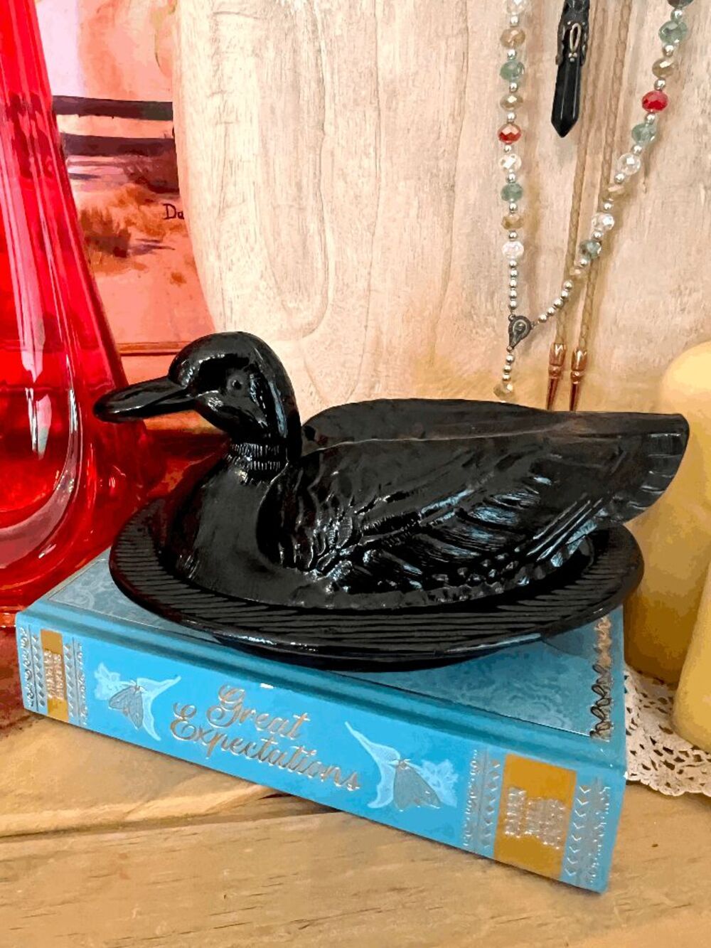 Vintage Fenton Black Glass Duck on Water Covered Dish Ebony Art Glass Bird